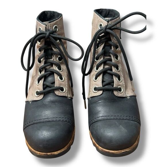 Sorel PDX Wedge Bootie Black Tan Leather Canvas Waterproof Lace Up Women's Sz 9 - Picture 3 of 10